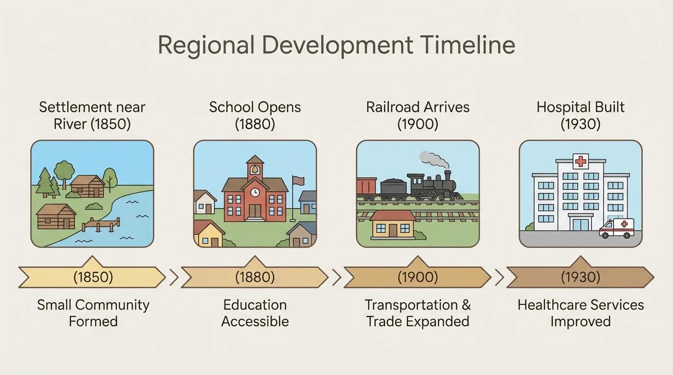 A simple regional timeline with four events: settlement near river, school opens, railroad arrives, hospital built