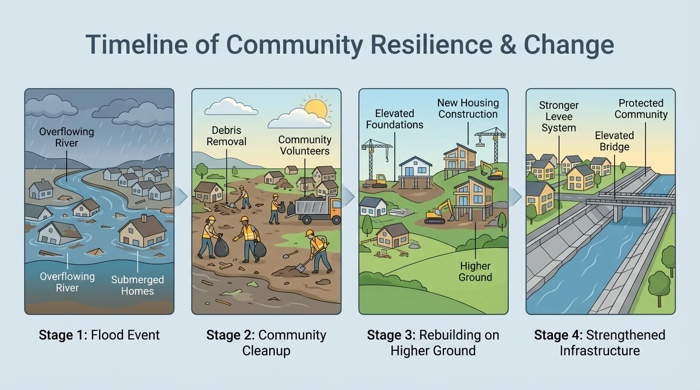 A four-step timeline showing a flood, community cleanup, rebuilding homes on higher ground, and a stronger levee or bridge