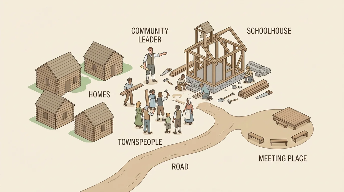 A community leader organizing townspeople to build a small schoolhouse and improve the town, with simple labels like school, homes, road, and meeting place