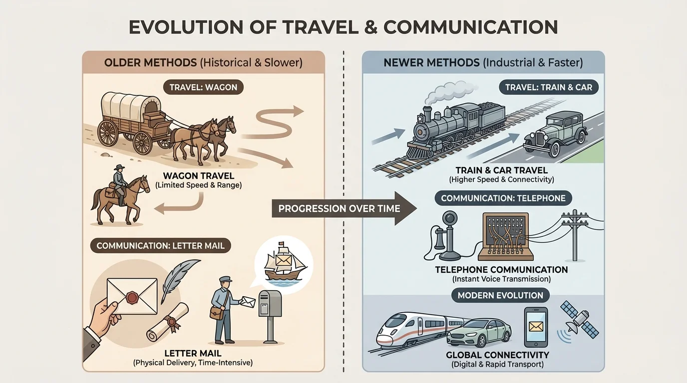 A comparison chart showing older travel and communication methods like wagon and letter mail beside newer methods like train, car, and telephone
