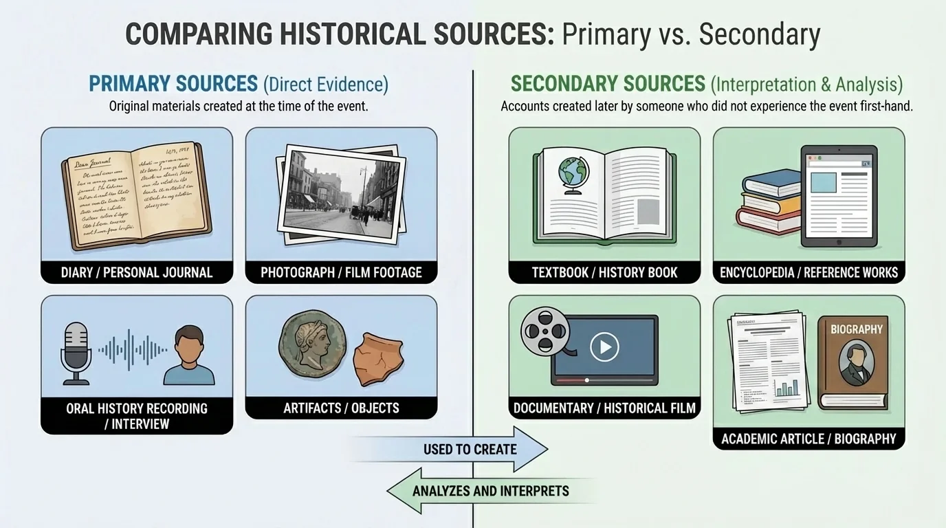 chart comparing primary sources and secondary sources with examples like diary, photo, textbook, and article