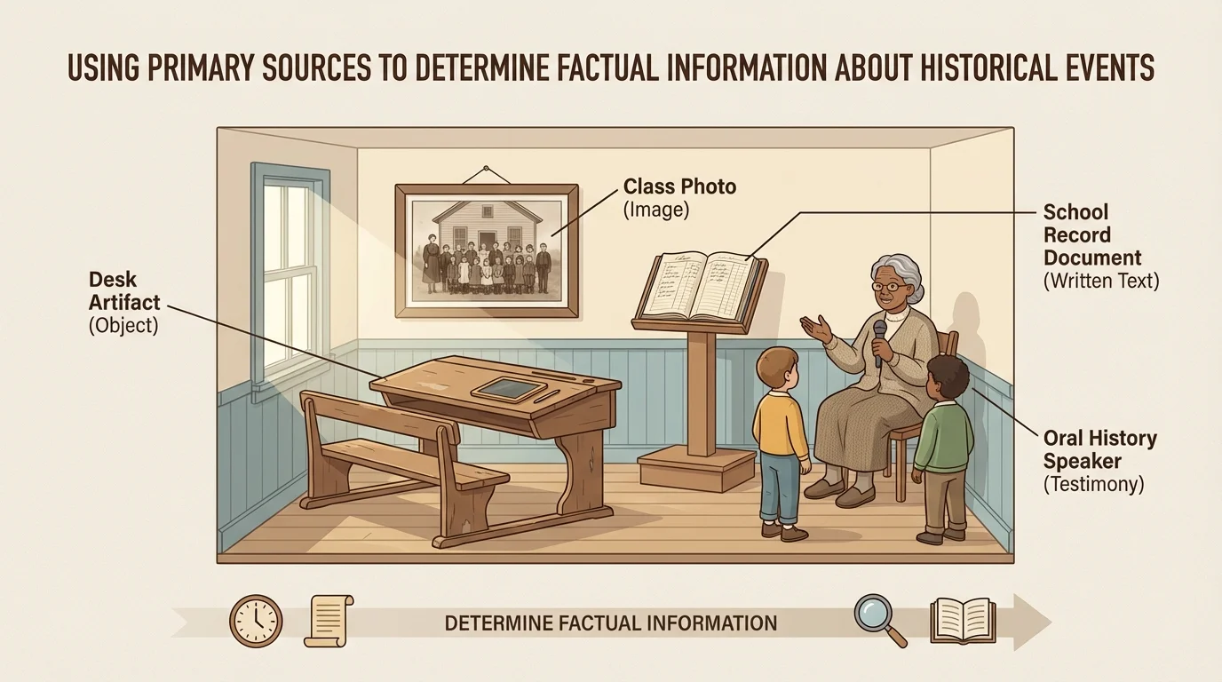 illustration of a one-room school scene with labels pointing to desk artifact, class photo, oral history speaker, and school record document