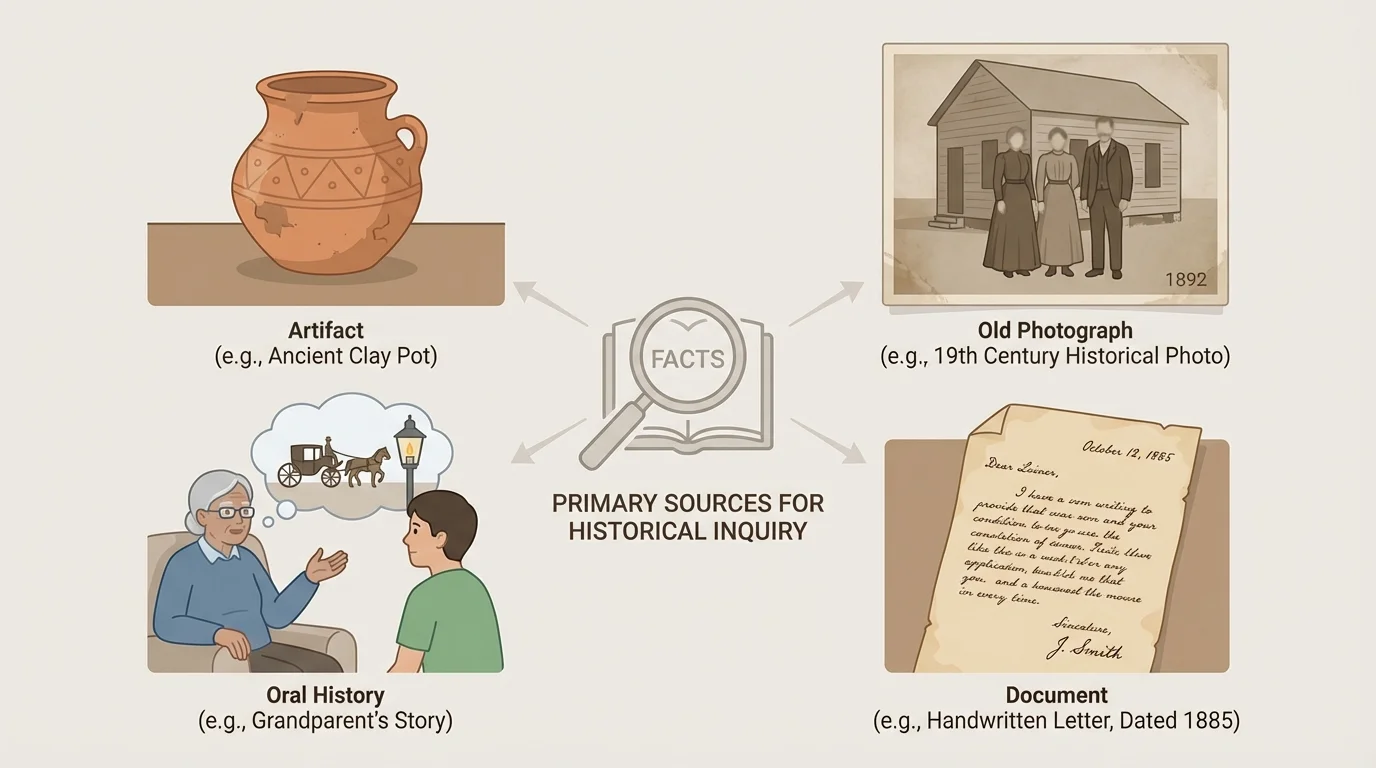 illustration of an artifact, an old photograph, a grandparent telling a story, and a handwritten letter