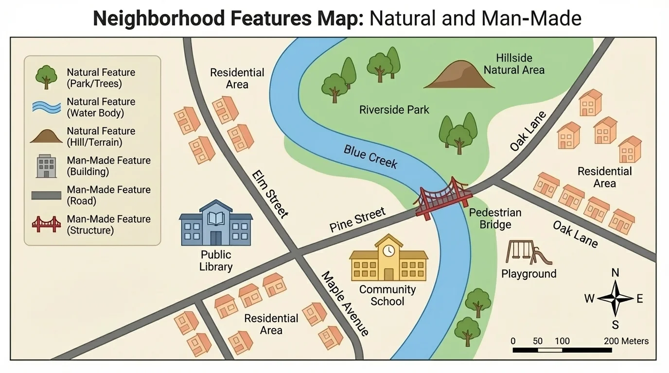 Labeled map with title, legend, compass rose, and scale bar for a neighborhood map