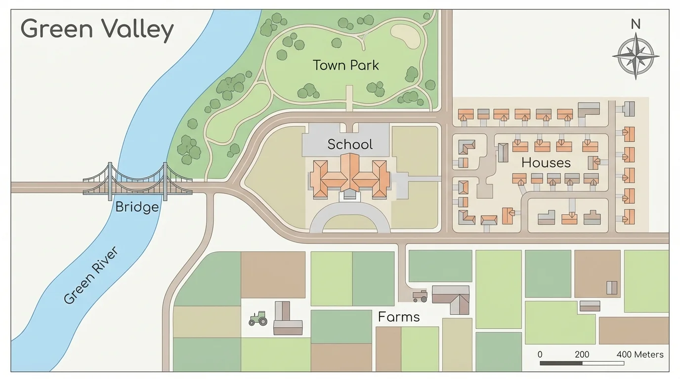 Map of Green Valley showing river on the west, park in the north, school in the center, houses east of school, bridge across river, and farms south of town