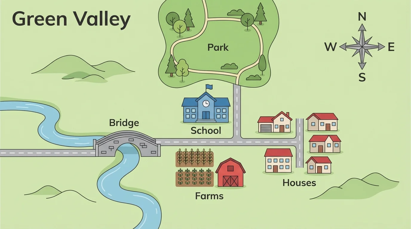 Map of Green Valley with arrows for north, south, east, west and labels showing school north of farms, bridge west of houses, park north of school