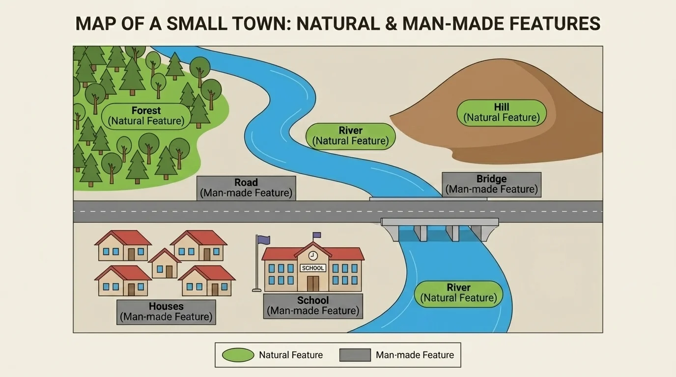 Simple map of a small town showing river, hill, forest, road, bridge, school, and houses labeled as natural or man-made