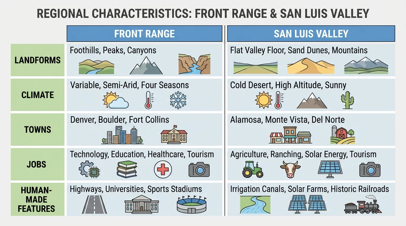 Two-column comparison chart for Front Range and San Luis Valley with rows for landforms, climate, towns, jobs, and human-made features, using short clear labels