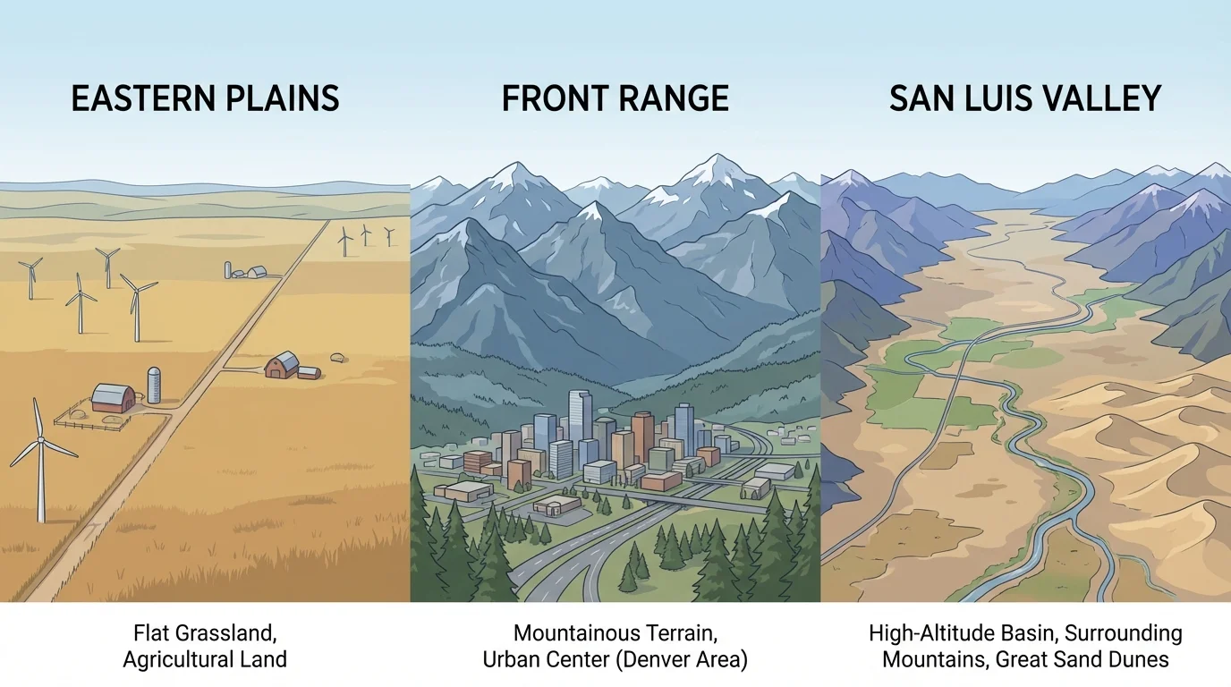 Landscape comparison showing flat Eastern Plains with grassland, mountain-filled Front Range near a city, and the broad San Luis Valley basin surrounded by mountains, each labeled clearly