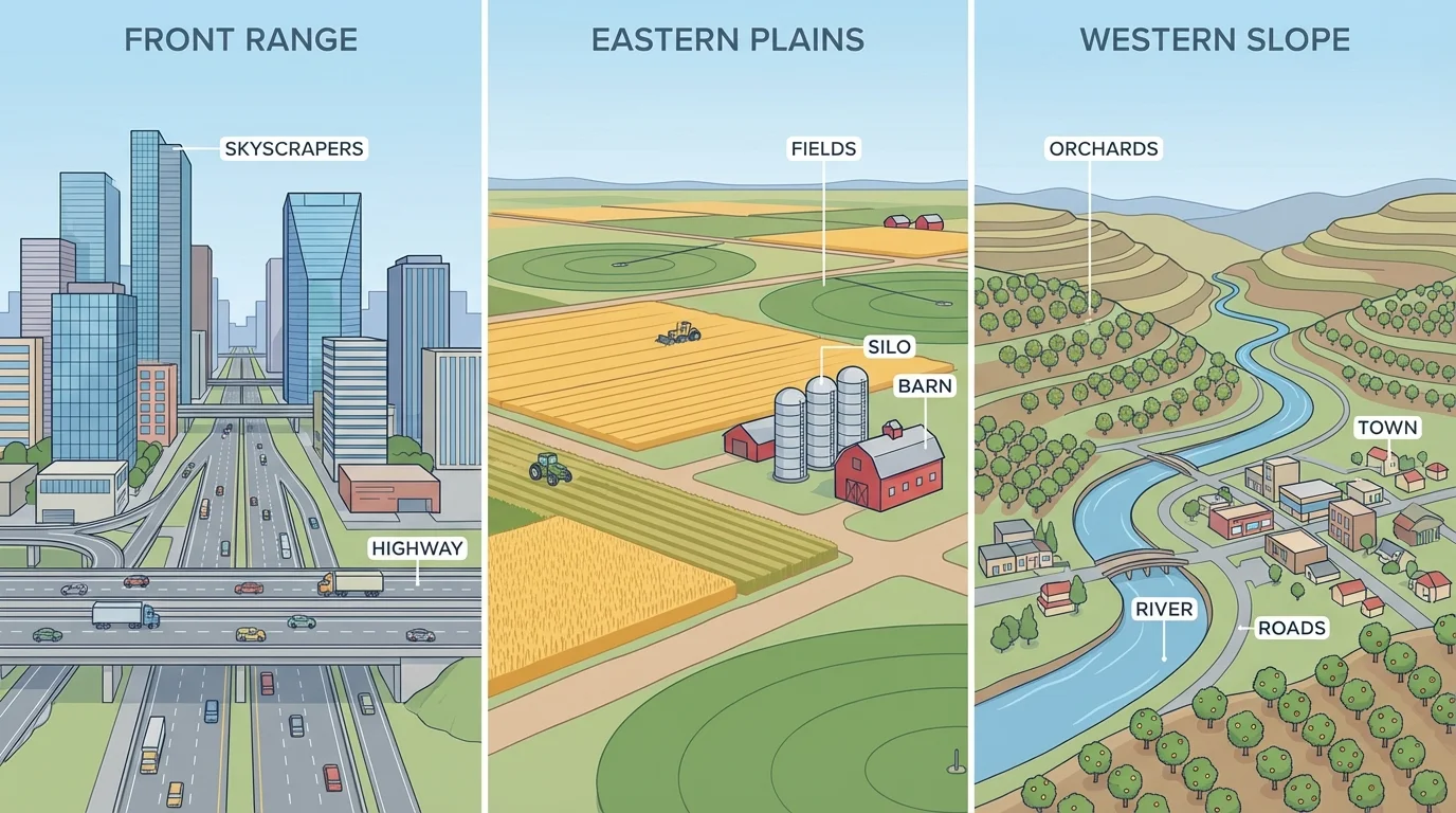 Comparison of human-made features by region showing a Front Range city corridor with highways and tall buildings, Eastern Plains farms with fields and silos, and a Western Slope town with orchards, river, and roads