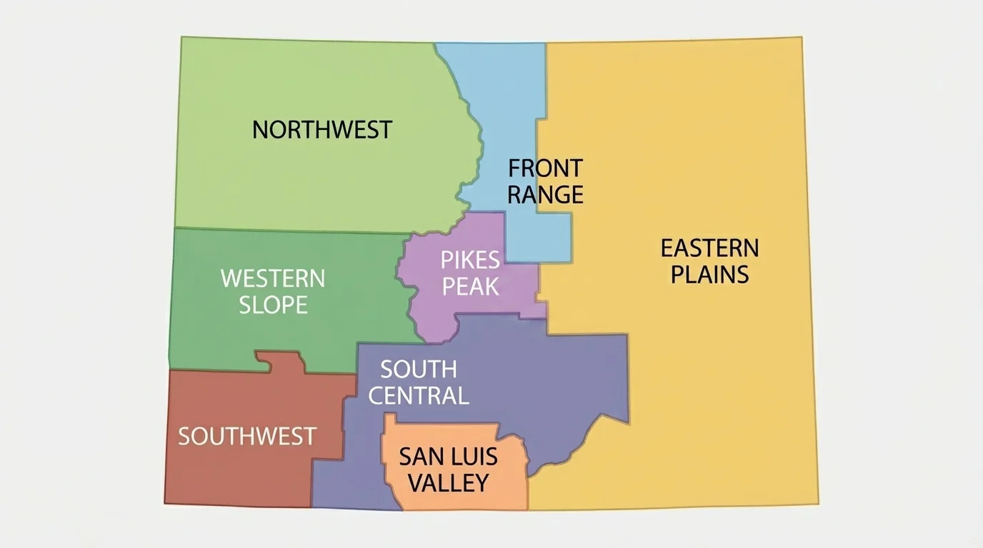 Simple map of Colorado divided into Eastern Plains, San Luis Valley, Pikes Peak, Northwest, Front Range, South Central, Southwest, and Western Slope with clear region labels and different colors