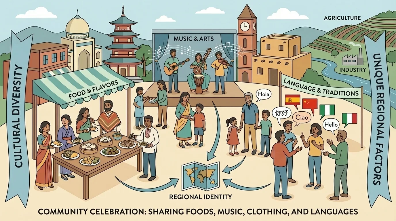 Community town square with families sharing different foods, music, clothing, and languages at a cultural celebration