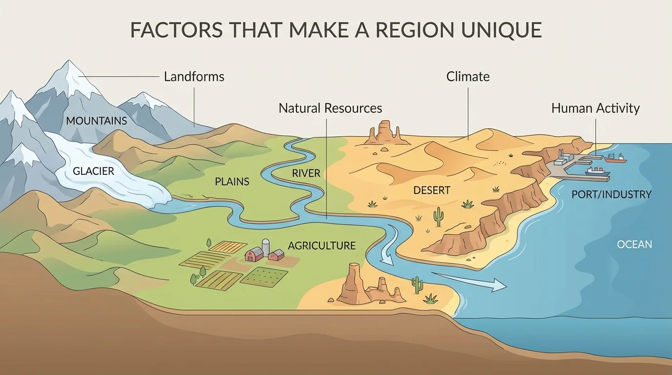 Labeled landscape showing mountains, plains, river, desert, and coast in one educational scene