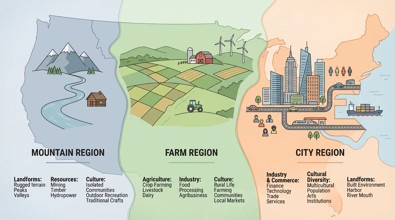 Map of a country or state divided into a mountain region, farm region, and city region, each shaded a different color with short labels