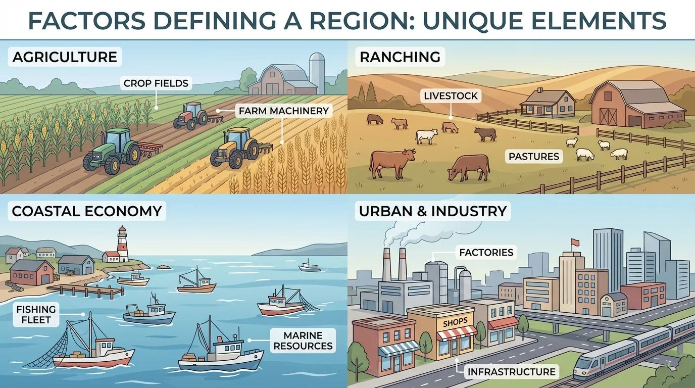 Split scene showing crop fields with tractors, a ranch, fishing boats on a coast, and a city area with factories and shops