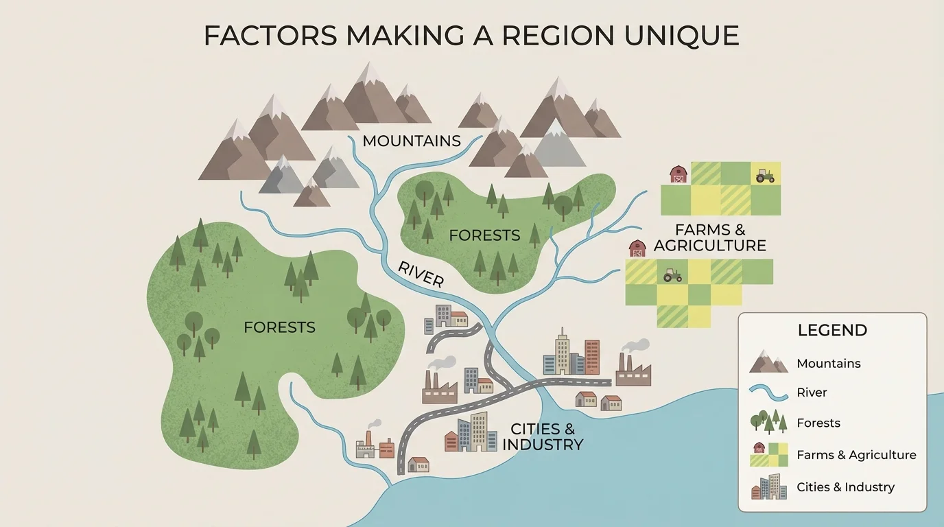 Simple thematic map with symbols for farms, forests, mountains, rivers, and cities, plus a legend showing each symbol