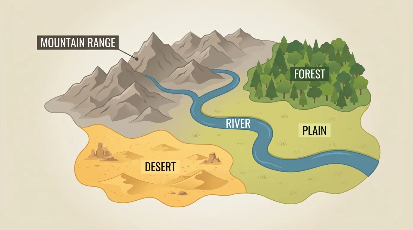 Simple physical map of a large area with labeled mountain range, river, forest, plain, and desert zones in different colors