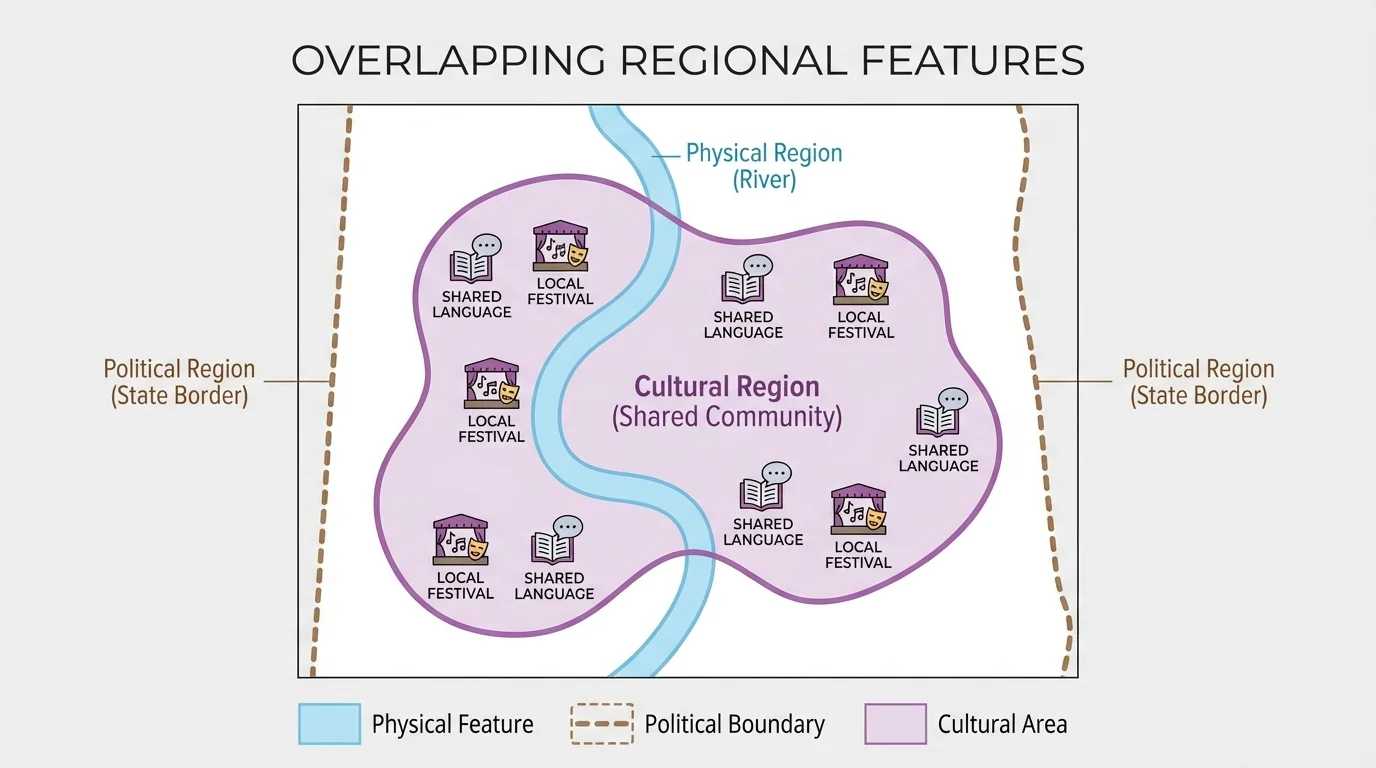 Layered map of one community inside a state border, next to a river, with simple symbols for shared language and local festival to show overlapping physical, political, and cultural regions