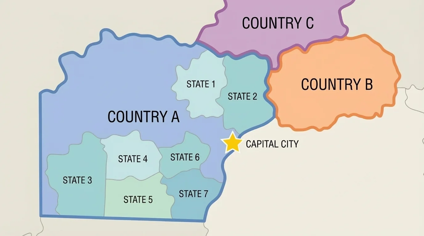 Political map with colored country borders, state borders inside one country, and a star marking a capital city