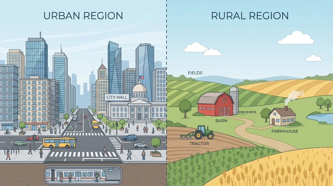 Split scene showing a dense city with tall buildings, buses, sidewalks, and many people on one side, and open farmland with fields, barn, tractor, and a few houses on the other side
