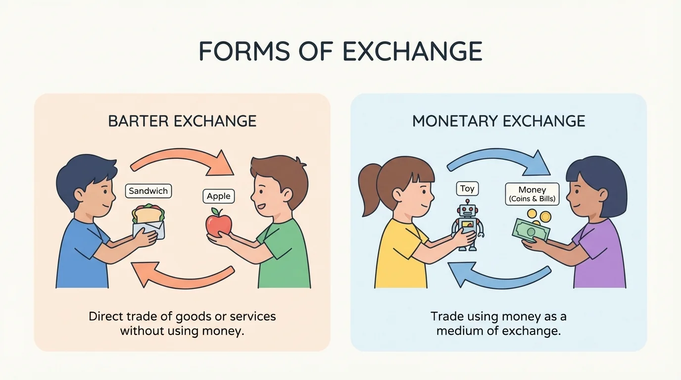 Two children trading a sandwich and an apple, with arrows showing each item moving to the other person