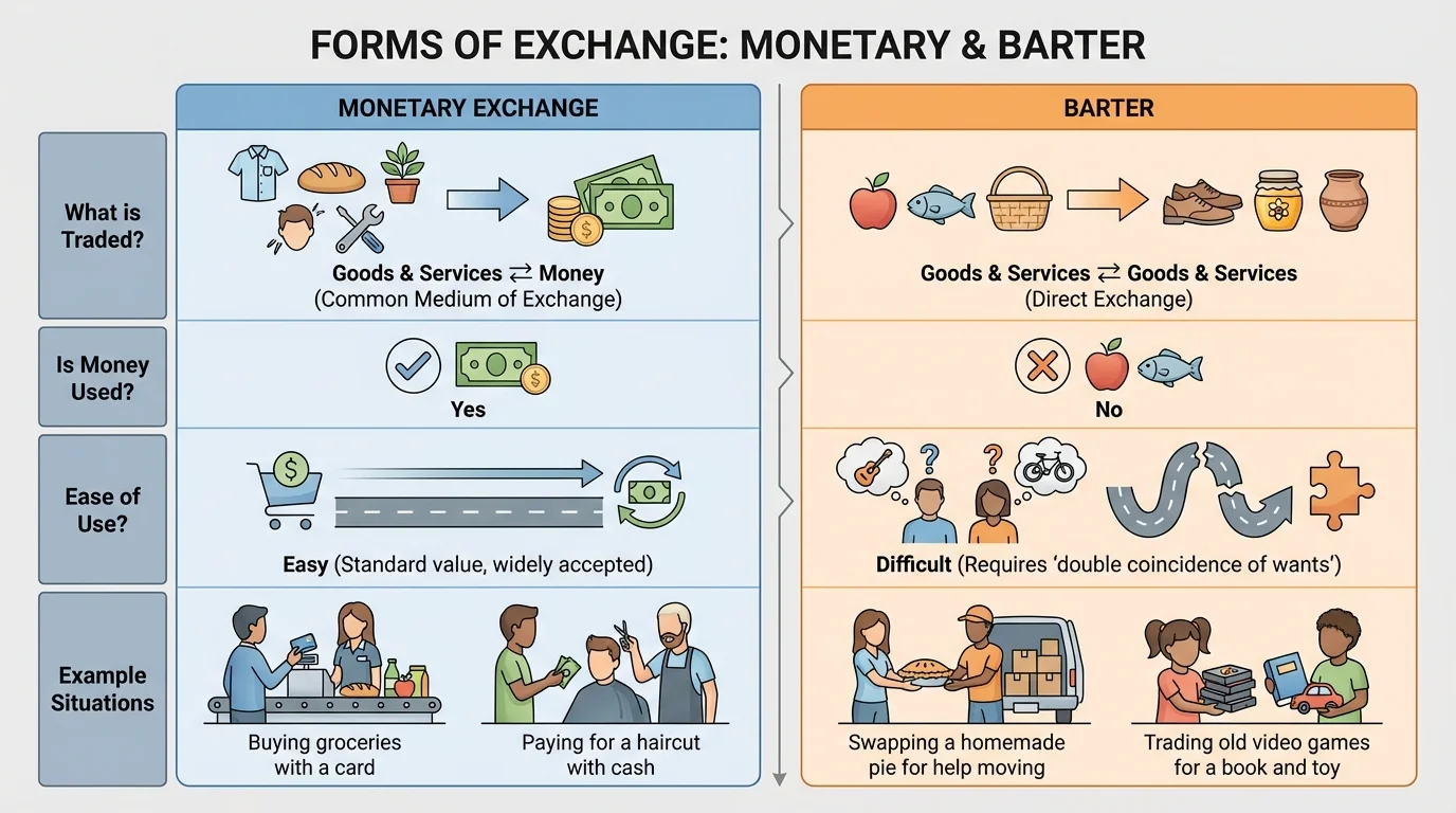 Simple two-column comparison chart with rows for what is traded, whether money is used, ease of use, and example situations