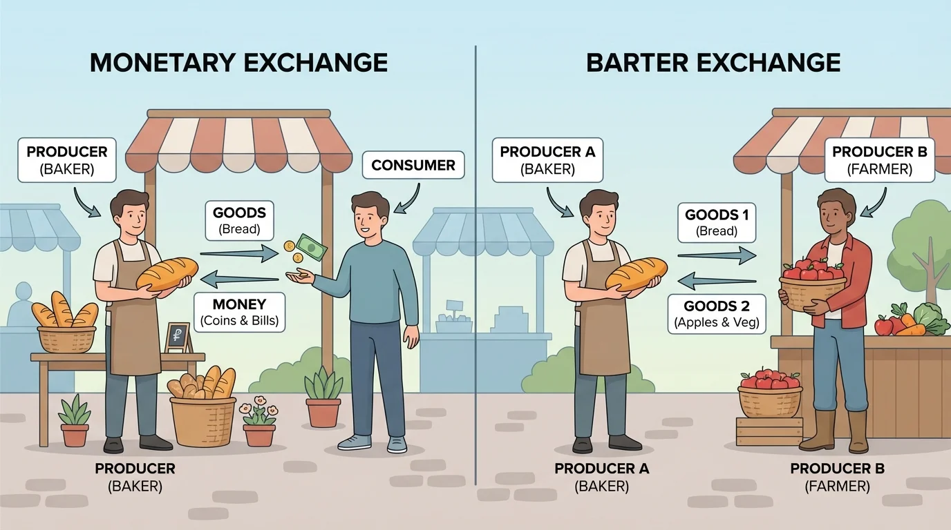 Small market scene with a baker selling bread to a customer using coins and bills, labeled producer, consumer, goods, and money