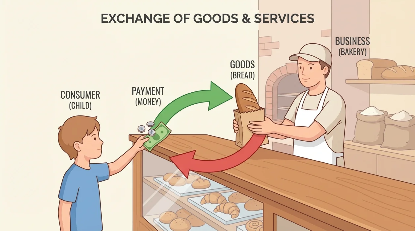 Child buying a loaf of bread at a bakery counter, with arrows showing bread going to the customer and money going to the bakery