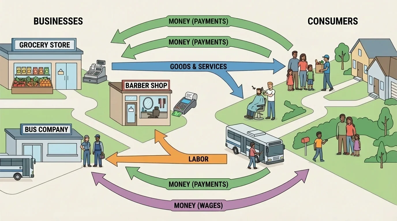 Small town with grocery store, barber shop, bus driver, and families exchanging goods, services, and money