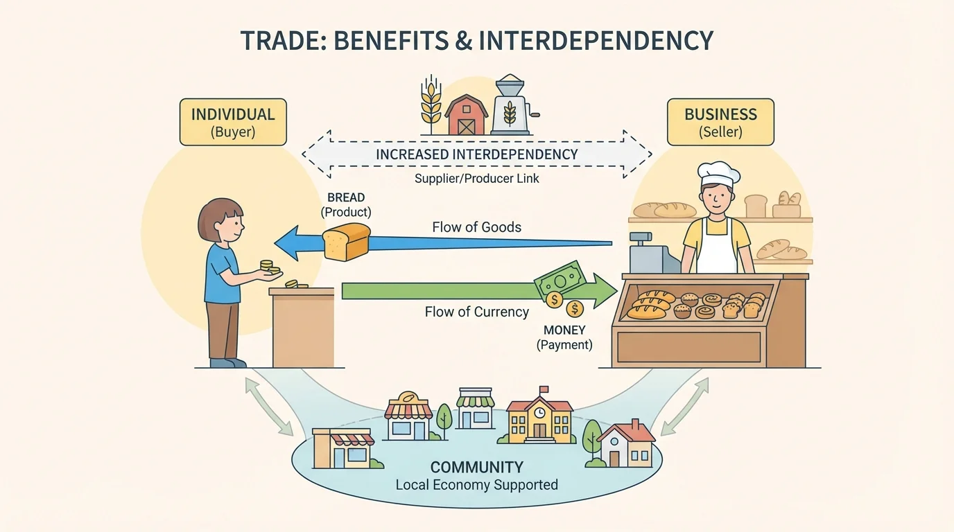 child buying bread from a baker at a counter, bread moving to the child and money moving to the baker with simple arrows