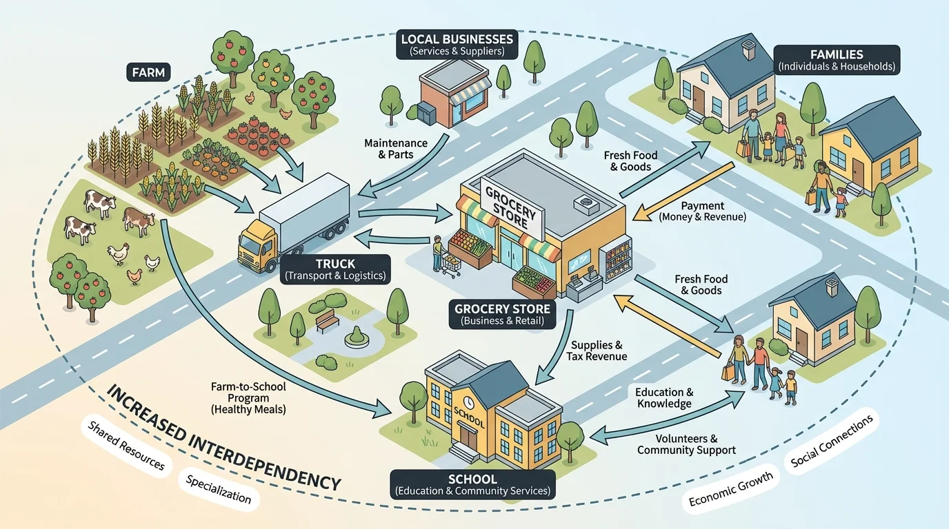 town scene with farm, truck, grocery store, school, and families connected by arrows showing goods and services moving between them