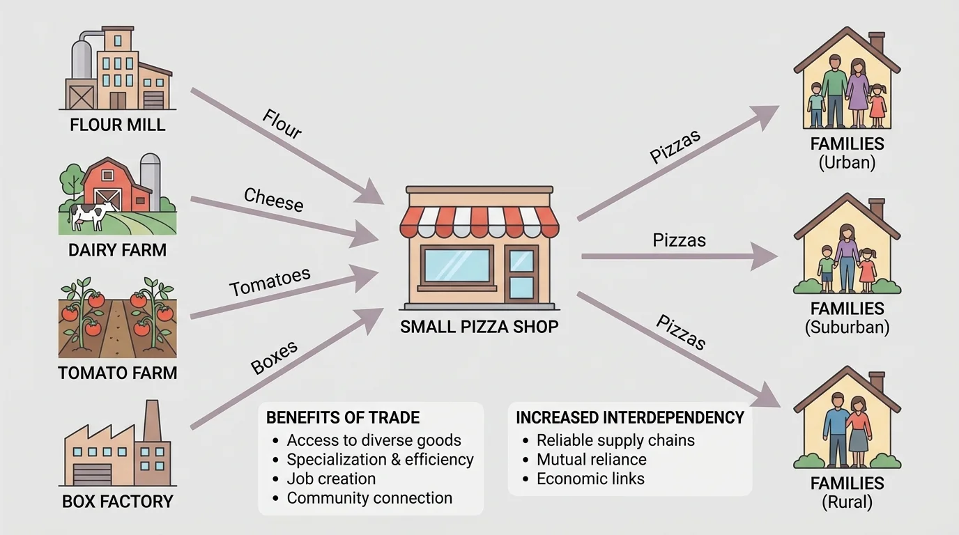 small pizza shop connected to suppliers for flour, cheese, tomatoes, and pizza boxes, then selling pizza to families