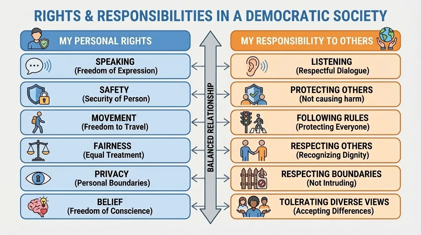 chart showing rights such as speaking, safety, fairness, privacy, and belief paired with responsibilities like listening, following rules, and respecting others