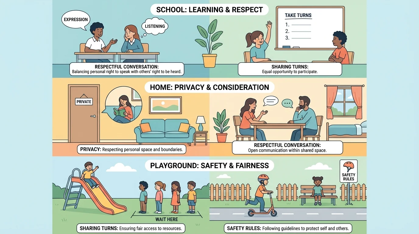 illustration split into school, home, and playground scenes showing sharing turns, privacy, safety rules, and respectful conversation