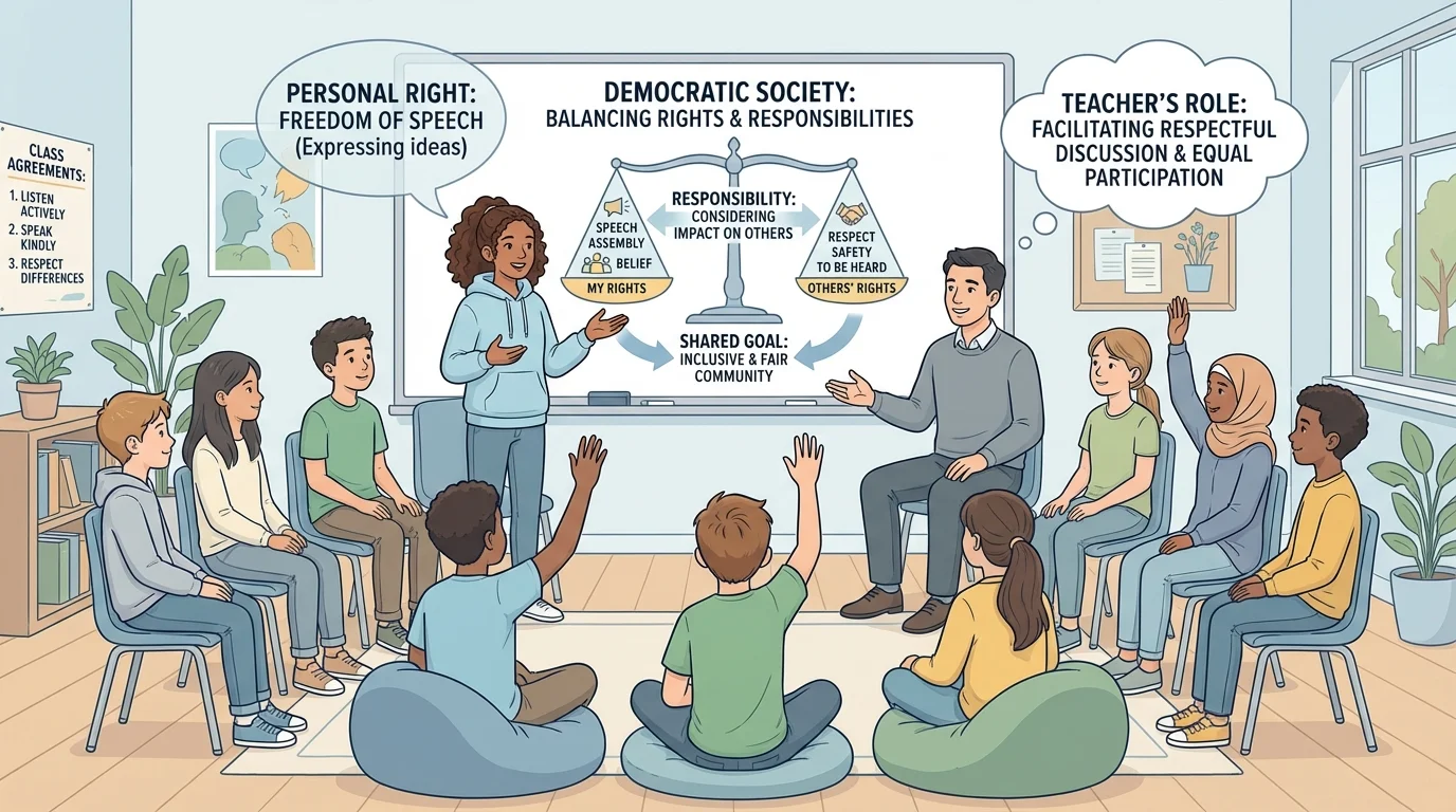 illustration of a classroom meeting with one student speaking, others listening, raised hands, and teacher guiding respectful discussion