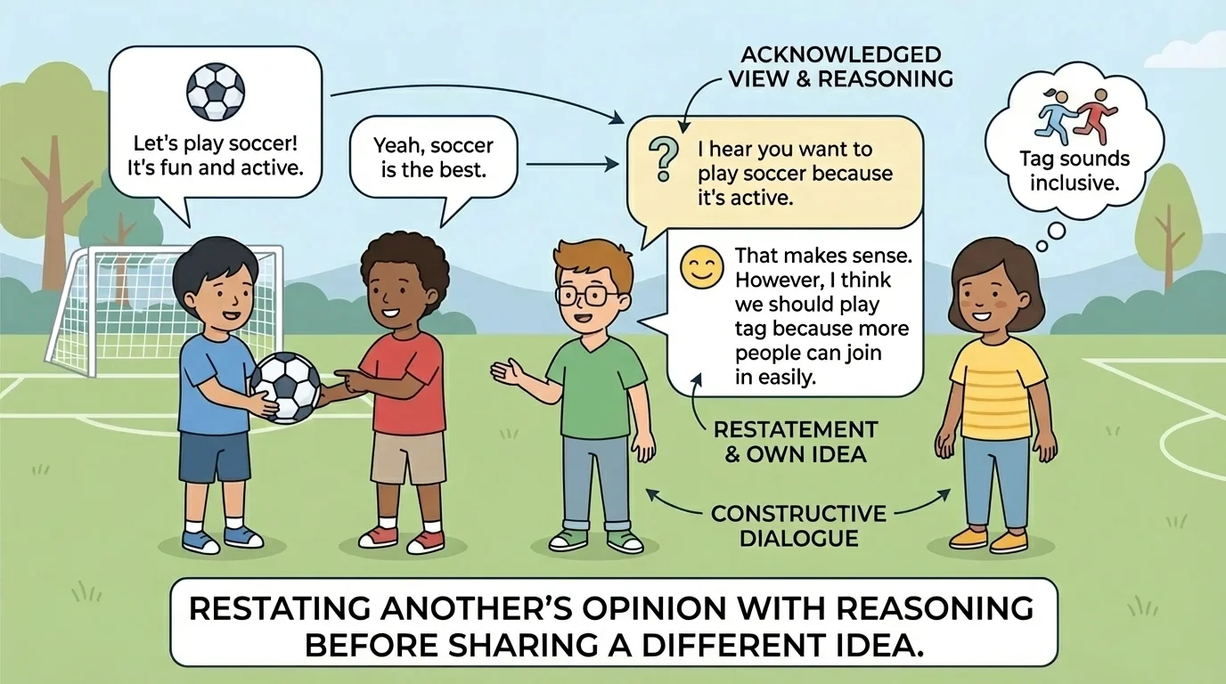 Children choosing between soccer and tag, with one child restating another's opinion before sharing a different idea