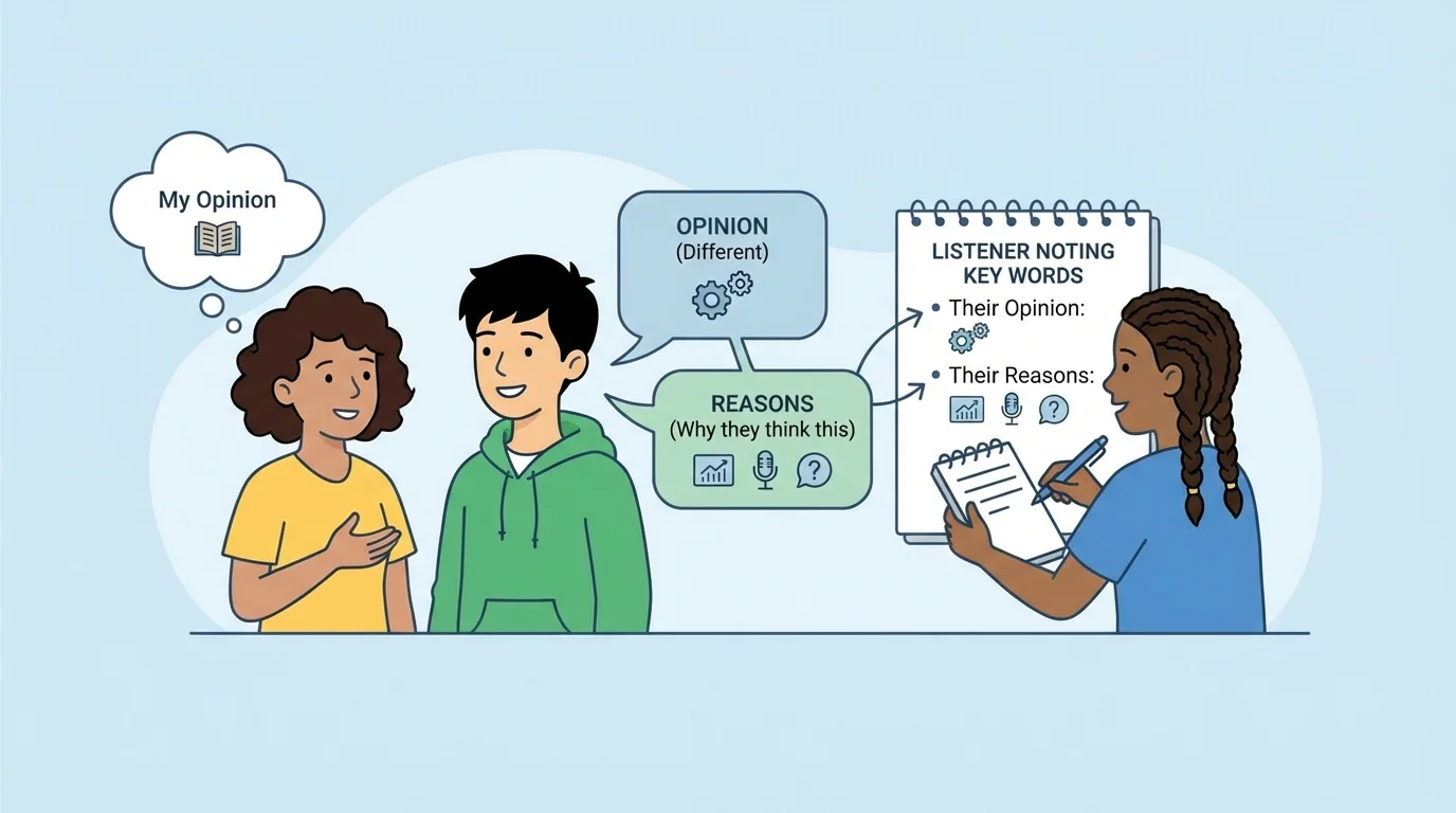Two students talking, with speech bubbles labeled opinion and reasons, plus a listener noting key words