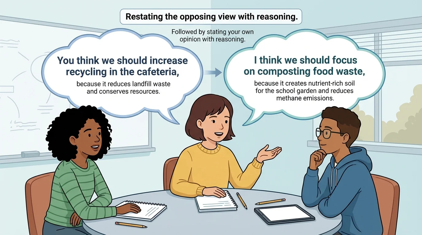 Classroom discussion scene with one student saying, "You think..., because..." and then "I think..."