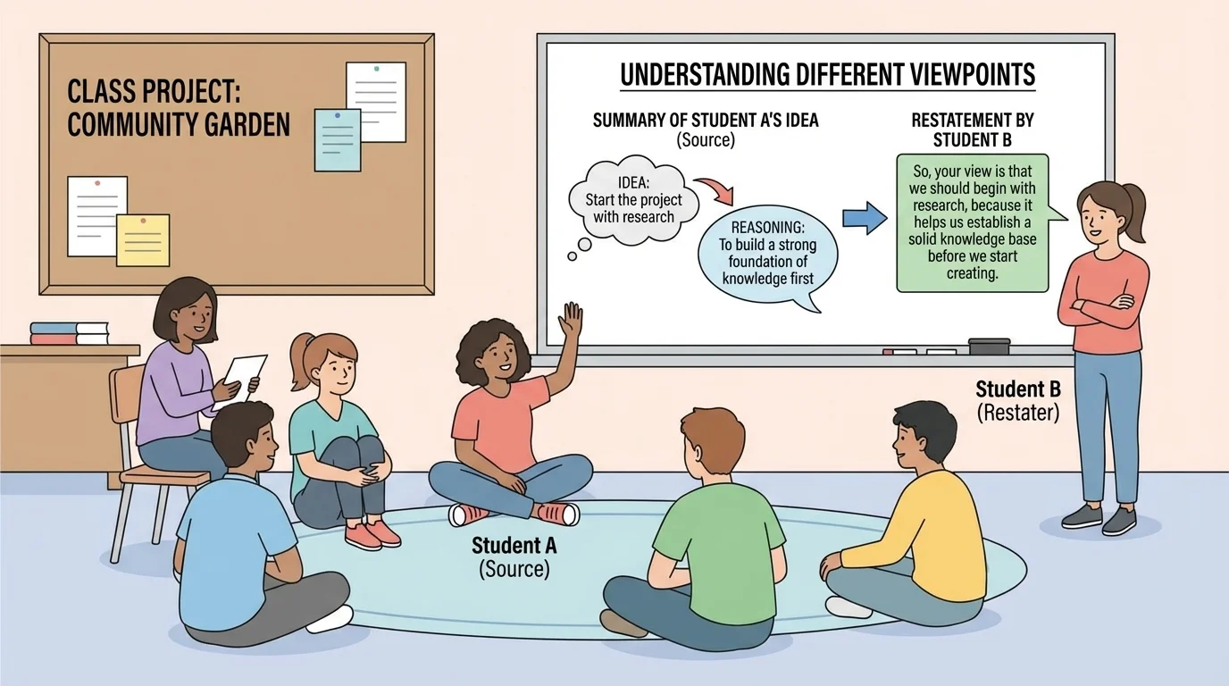 Classroom meeting circle with students discussing a class project, one student summarizing another's idea on a chart