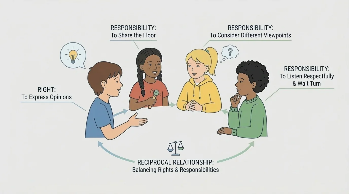 small group conversation with children disagreeing politely, taking turns speaking, and listening carefully