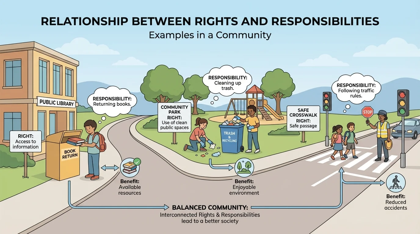 neighborhood scene showing a library, park, crosswalk, and trash can with children returning books, cleaning up, and crossing safely