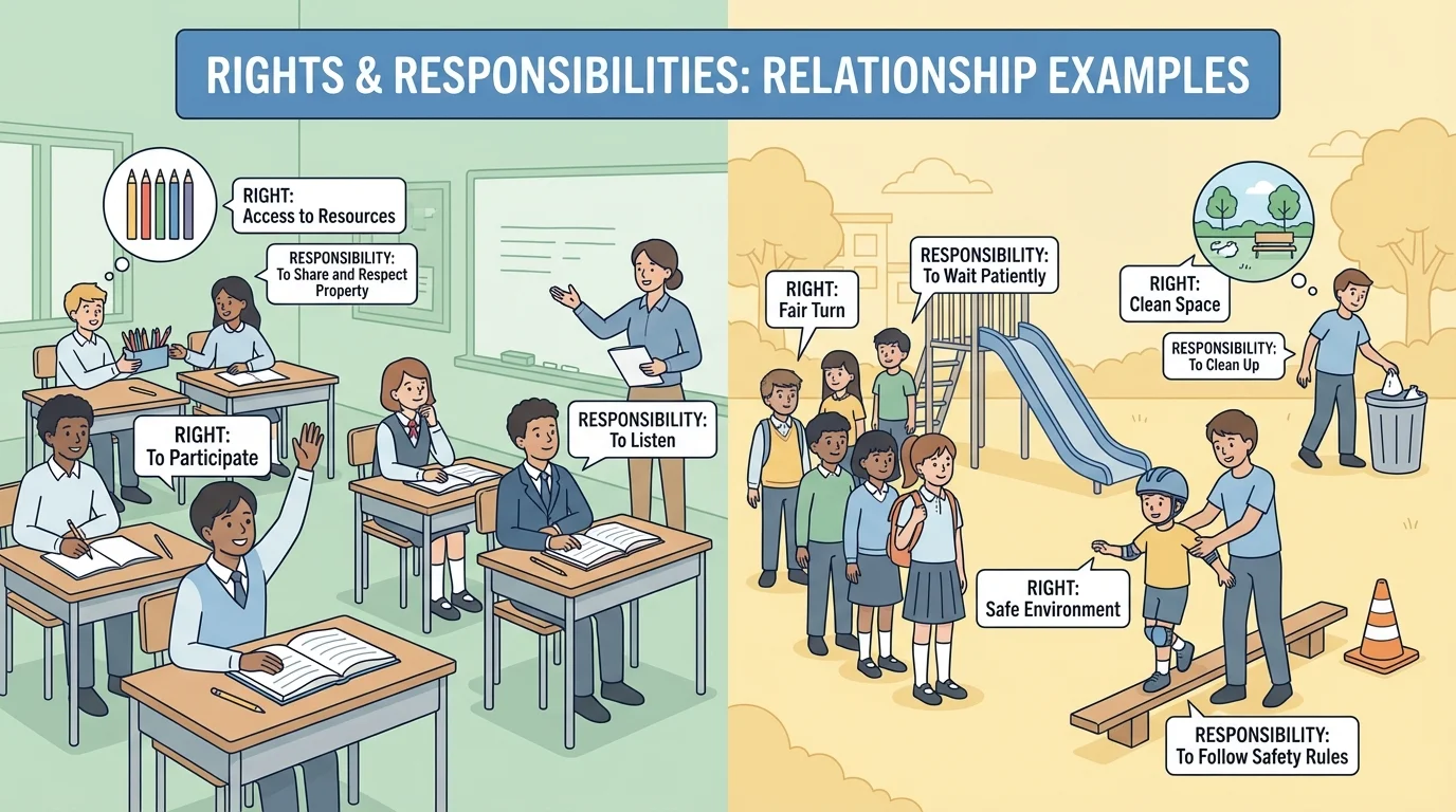 classroom and playground scene with students raising hands, sharing supplies, waiting turns, and following safety rules