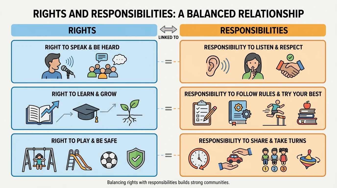 two-column chart pairing rights such as speaking, learning, and playing safely with responsibilities such as listening, following rules, and taking turns