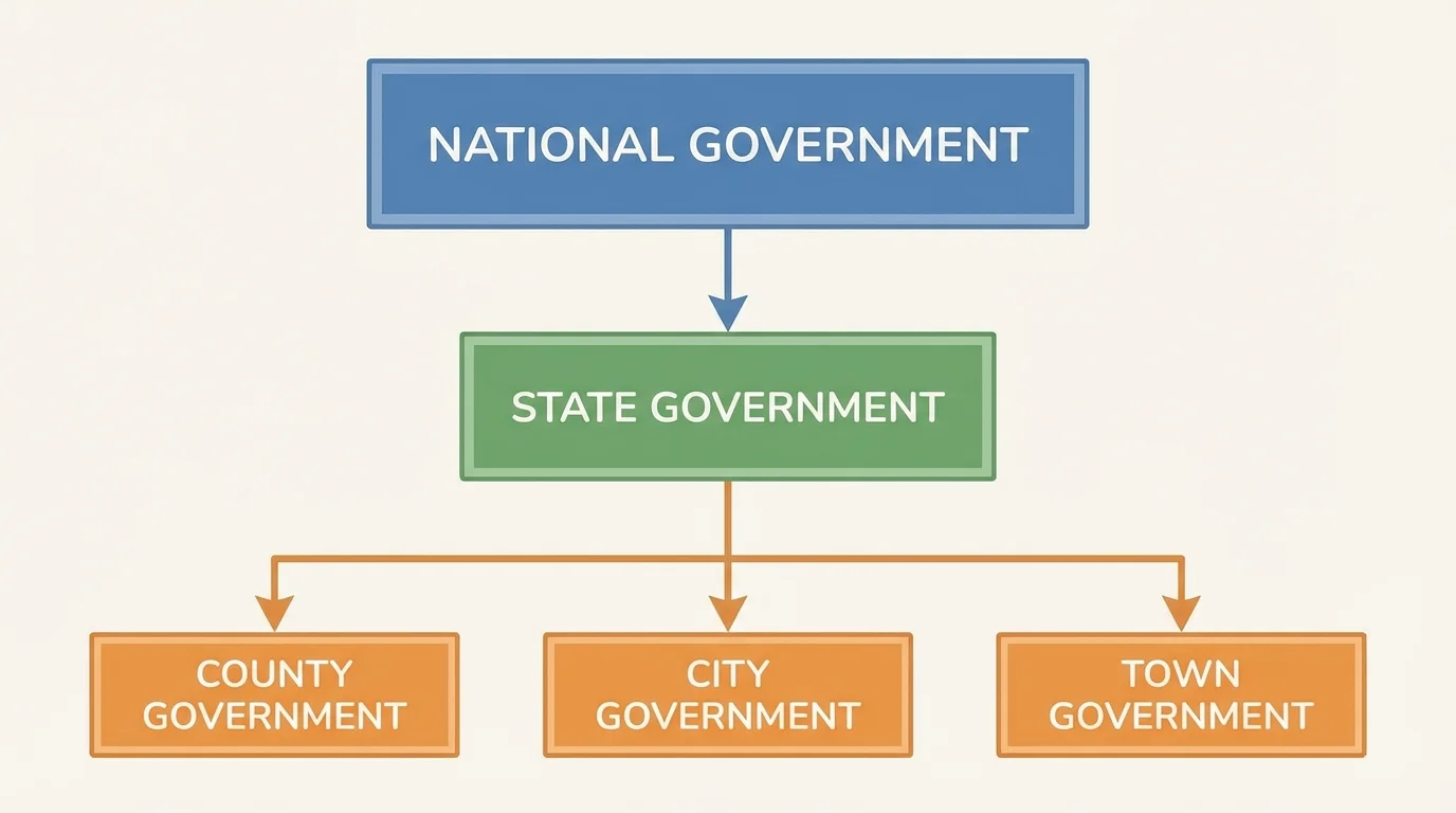 Simple civic diagram showing national government, state government, and local government, with local government branching into county and city and town offices