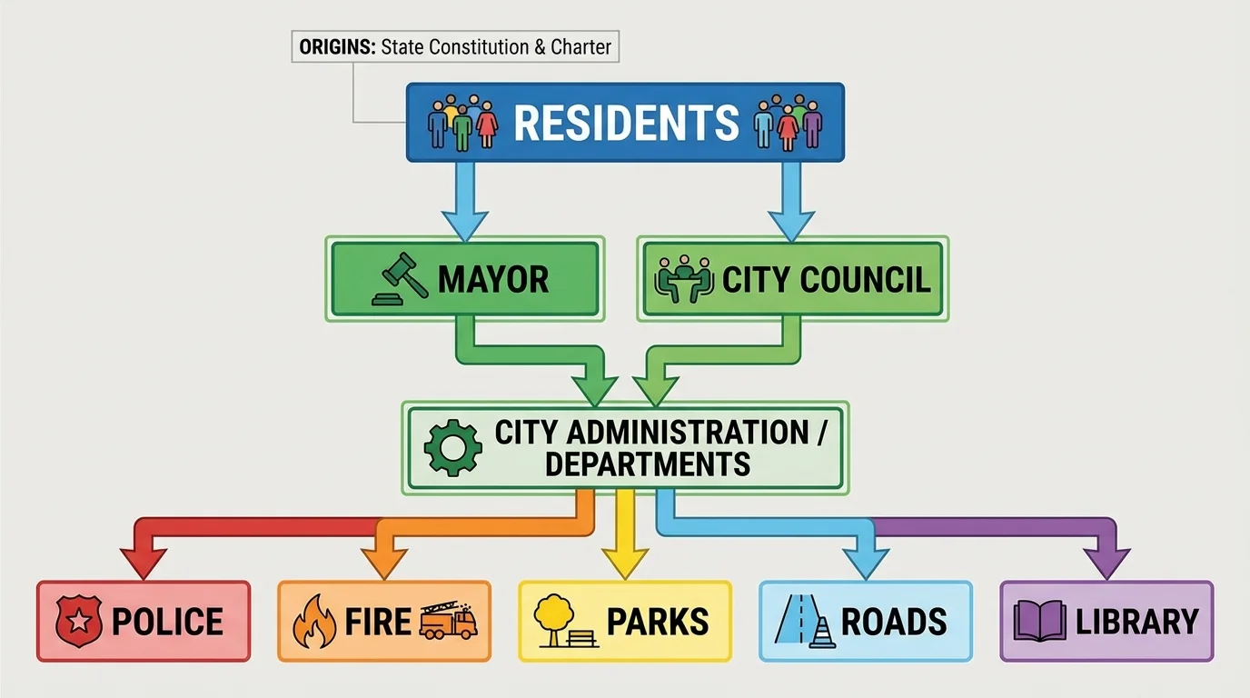 Organizational diagram showing residents, elected mayor and council, and city departments such as police, fire, parks, roads, and library