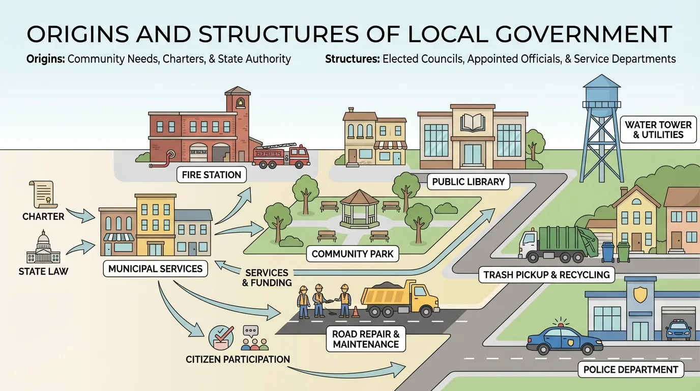 Town illustration with labeled local services including fire station, park, library, road repair crew, trash pickup, water tower, and police car