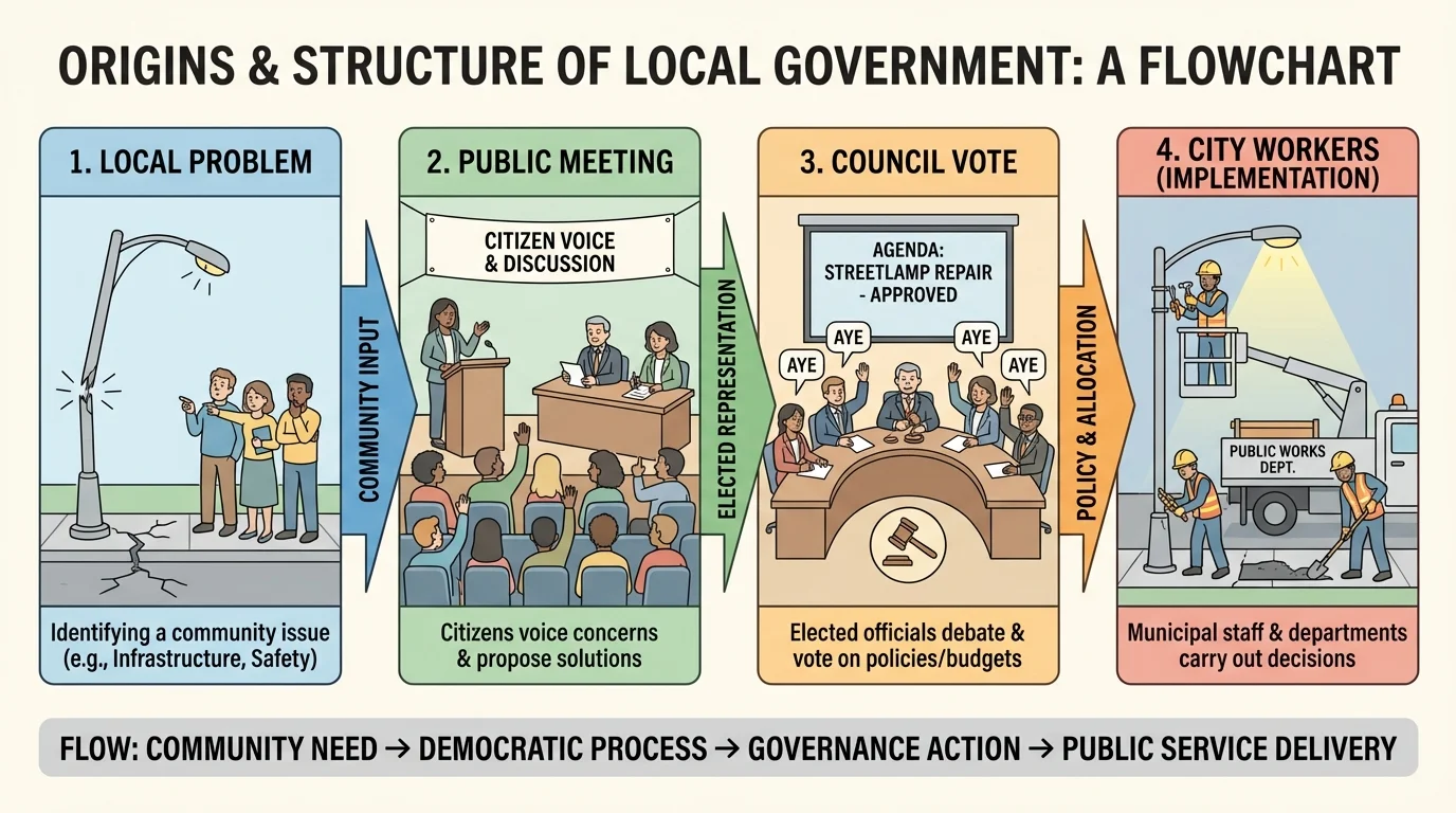 Flowchart showing a local problem, public meeting, council vote, and city workers carrying out the decision