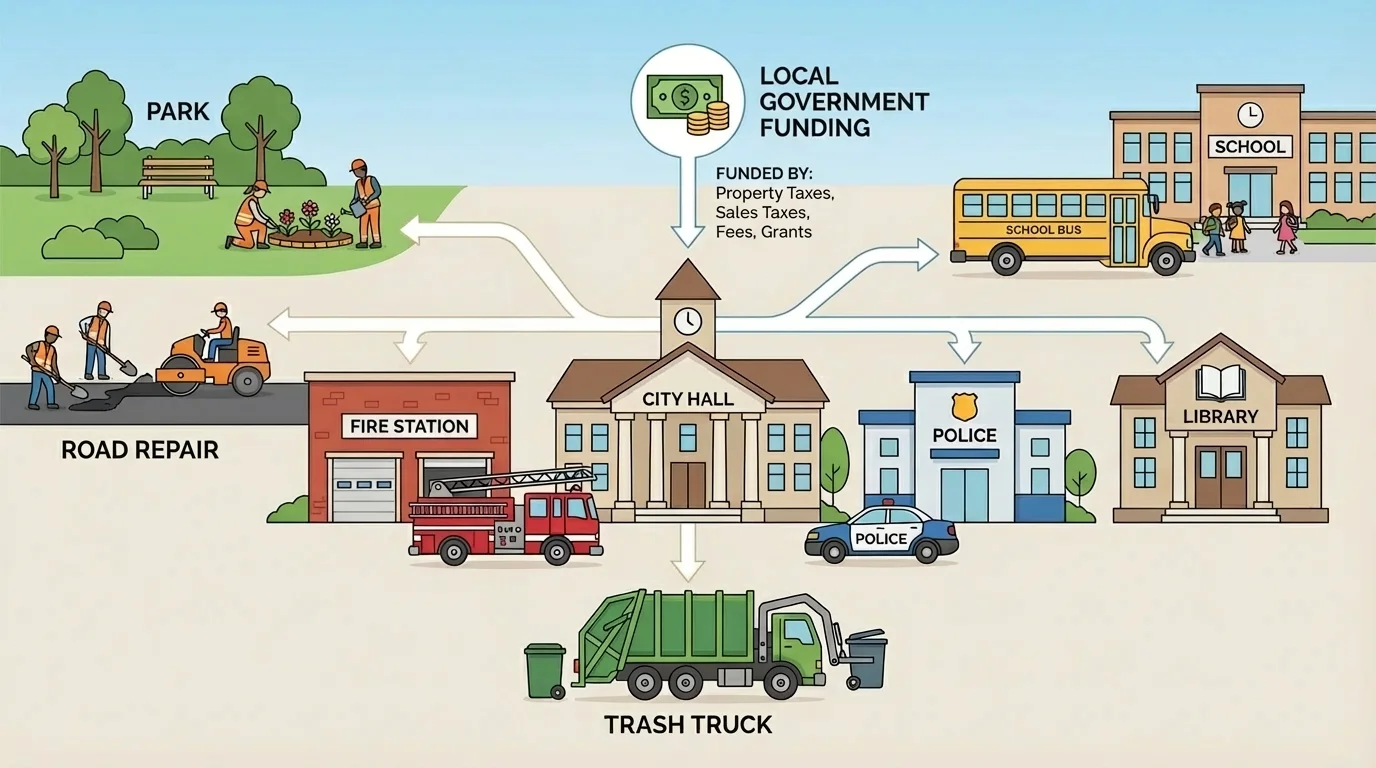 Illustration of a small community showing city hall, fire station, police car, library, park, road repair crew, school bus, and trash truck