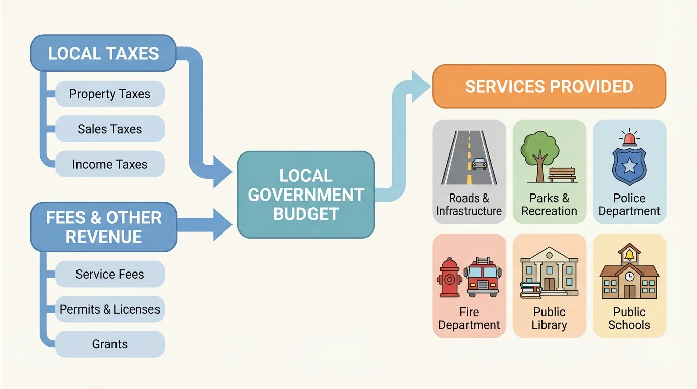 Flowchart showing local taxes and fees going into a town budget, then being used for roads, parks, police, fire, library, and schools