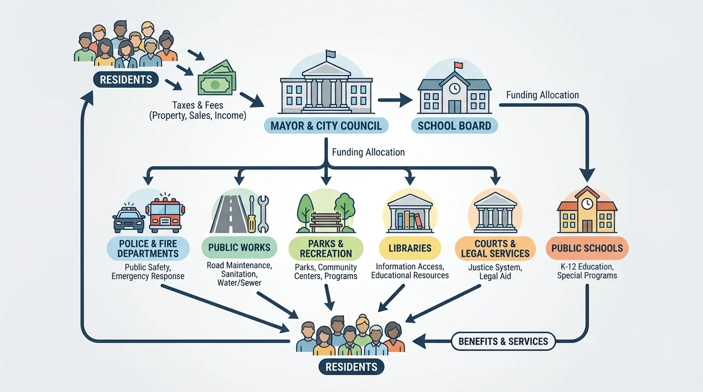 Diagram showing residents, mayor, city council, school board, and local departments connected in a simple decision-making structure